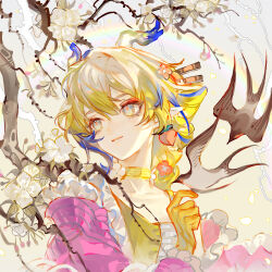  1girl absurdres arknights bird blonde_hair branch character_request choker collarbone flower gloves gradient_hair grey_eyes hair_between_eyes hair_ornament hair_stick highres horns long_sleeves looking_afar molin multicolored_hair orange_pupils pointy_ears sidelocks solo streaked_hair swallow_(bird) upper_body white_flower yellow_choker yellow_gloves 