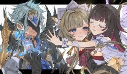  1boy 2girls absurdres animal_ear_fluff animal_ears ascot black_gloves black_hair black_mask black_sleeves blue_ascot blue_eyes blue_hair blush bonnet bow brown_hair cat_ears clenched_teeth closed_eyes coat colored_inner_hair columbina_(genshin_impact) detached_sleeves dottore_(genshin_impact) dress earrings eye_mask feather_trim frilled_sleeves frills genshin_impact gloves head_wings highres jewelry letterboxed long_hair long_sleeves luonnotar_(genshin_impact) mask moderate_gold multicolored_hair multiple_girls o-ring outside_border reaching reaching_towards_another red_hair sandrone_(genshin_impact) scaramouche_(cat)_(genshin_impact) scaramouche_(genshin_impact) smile streaked_hair sweatdrop teeth upper_body white_bow white_coat white_dress white_gloves white_wings wings wrist_bow 