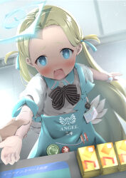  1girl 1other @_@ angel's_24_uniform_(blue_archive) apron backlighting black_bow black_bowtie blonde_hair blue_apron blue_archive blue_eyes blue_halo blue_ribbon blush bow bowtie bright_pupils collared_shirt commentary_request cowboy_shot embarrassed forehead furrowed_brow hair_ribbon halo highres holding_another's_wrist indoors long_hair looking_at_viewer mochikumo nose_blush open_mouth outstretched_arm parted_bangs partial_commentary pov pov_hands ribbon sensei_(blue_archive) shirt short_sleeves solo_focus sora_(blue_archive) straight_hair strap_slip striped_bow striped_bowtie striped_clothes sweatdrop two_side_up very_long_hair wavy_mouth white_pupils white_shirt 