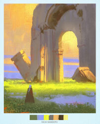  1girl arch artist_name blue_border border brown_cloak cloak commentary english_commentary from_behind grass highres landscape long_hair original outdoors painterly pond raja_nandepu ruins scenery sky sunlight white_hair yellow_sky 