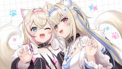  2girls animal_ear_fluff animal_ears bandaid bandaid_hair_ornament black_collar blonde_hair blue_eyes blue_hairband blue_streaks breasts collar commentary_request dog_ears dog_girl dog_tail fake_horns fur-trimmed_jacket fur_trim fuwawa_abyssgard fuwawa_abyssgard_(1st_costume) hair_between_eyes hair_ornament hairband hairclip headphones headphones_around_neck highres hololive hololive_english horn_hairband horns jacket large_breasts long_hair looking_at_viewer mococo_abyssgard mococo_abyssgard_(1st_costume) multicolored_hair multiple_girls open_mouth pink_eyes pink_hairband pink_streaks shikinagi shirt siblings sisters spiked_collar spikes streaked_hair tail twins virtual_youtuber white_shirt x_hair_ornament 