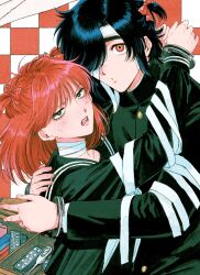  1boy 1girl :o arms_around_neck bags_under_eyes bandage_over_one_eye bandaged_arm bandaged_neck bandages black_eyes black_hair black_jacket black_sailor_collar black_shirt blister_pack blush bow bright_pupils commentary_request cropped cuffed cuffs empty_eyes furrowed_brow gakuran grid_background hair_over_one_eye hand_on_another's_back handcuffs head_tilt hetero highres hug iyagatteru_kimi_ga_suki jacket long_sleeves looking_at_viewer loose_bandages multicolored_eyes neckerchief official_art one_eye_covered one_side_up oniyama831 ootsuki_makoto open_mouth parted_bangs pill red_background red_bow red_eyes red_hair sailor_collar sanpaku school_uniform shirakawa_mikoto shirt short_hair side_part sidelocks simple_background sweatdrop tareme teeth thermometer thick_eyebrows two-tone_background two-tone_eyes two_side_up upper_body upper_teeth_only white_background white_neckerchief white_pupils wispy_bangs yellow_eyes 