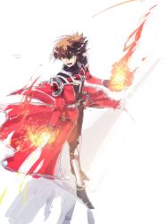  1boy armor armored_boots armored_legwear belt black_pants black_trim boots brown_eyes brown_hair coat drop_shadow facing_to_the_side fire green_eyes hair_slicked_back heterochromia magic male_focus moribuden open_mouth outstretched_arms pants pauldrons red_coat shoulder_armor third-party_source turning_head white_background white_belt wind yu-gi-oh! yu-gi-oh!_gx yuki_judai 