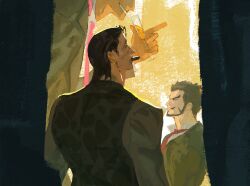  3boys absurdres beard black_hair black_jacket champagne_flute cigar commentary crocodile_(one_piece) cup dazuzuzu donquixote_doflamingo dracule_mihawk drinking_glass earrings facial_hair grin height_difference highres index_finger_raised jacket jewelry male_focus mature_male multiple_boys necktie one_piece pink_necktie red_necktie short_hair smile smoking stitched_face stitches untranslatable_commentary yellow_eyes 
