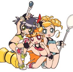  3girls akazutsumi_momoko black_gloves black_hair blonde_hair blue_eyes blue_sports_bra blue_sports_panties blunt_bangs blush breasts collar commentary_request drill_hair ear_piercing earrings fang gloves goutokuji_miyako green_eyes green_sports_bra hair_ornament hairclip hammer holding holding_hammer jewelry long_hair matsubara_kaoru medium_hair midriff multiple_girls navel open_mouth orange_hair petite piercing pink_eyes pink_sports_bra powerpuff_girls_z red_eyes red_sports_bra shirt short_hair simple_background sirukure small_breasts smile sports_bra sports_panties sportswear staff two-tone_sports_bra white_background white_shirt 
