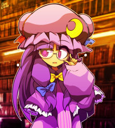  1girl adjusting_eyewear anime_coloring bespectacled blue_bow blue_ribbon blunt_bangs bookshelf bow bowtie bun_cover capelet collared_dress commentary confused crescent crescent_hat_ornament dated double_bun dress english_commentary frilled_capelet frilled_headwear frills frown glasses hair_bow hair_bun half-closed_eye hat hat_ornament hat_ribbon highres indoors library long_hair long_sidelocks low-tied_sidelocks mob_cap open_mouth outline patchouli_knowledge photo_background pink_hat purple_capelet purple_dress purple_hair purple_pupils purple_robe red_ribbon rhythm_pagi ribbon robe round_eyewear sidelocks signature solo striped_clothes striped_dress tareme touhou upper_body vertical-striped_clothes vertical-striped_dress very_long_hair violet_eyes white_outline yellow_bow yellow_bowtie 