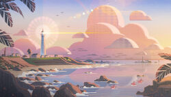  beach bird building chinese_commentary clouds dusk gradient_sky hanxiaodan highres hill lens_flare lighthouse lovebrush_chronicles no_humans ocean official_art outdoors palm_leaf palm_tree paper_boat rock scenery sky tree 