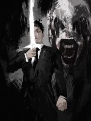  1boy 1other black_background black_hair black_necktie black_suit clenched_hand closed_mouth collared_shirt cowboy_shot cross dress_pants formal_clothes hashtag-only_commentary highres higuruma_hiromi holding holding_sword holding_weapon jacket judge judgeman_(jujutsu_kaisen) jujutsu_kaisen large_nose long_sleeves looking_at_viewer male_focus necktie open_mouth raberu_ruru shirt standing stitched_eye suit suit_jacket sword sword_in_front_of_face teeth weapon white_shirt 