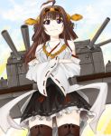  1girl bare_shoulders black_legwear blush boots breasts brown_hair cannon detached_sleeves double_bun hair_ornament hairband headgear highres hissa_yossa japanese_clothes kantai_collection kongou_(kantai_collection) long_hair miko personification skirt smile solo thigh_boots thighhighs turret violet_eyes 