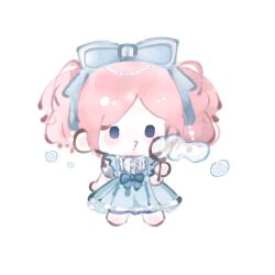  1girl bare_arms barefoot beads blowing_bubbles blue_bow blue_dress blue_eyes blush_stickers bow bubble's_hometown_(infinity_nikki) bubble_wand buttons center_frills chibi chinese_commentary commentary_request dress dress_shirt fengmi_youzi_hua frills hair_beads hair_bow hair_ornament highres holding holding_wand infinity_nikki medium_dress nikki_(series) o3o pinafore_dress pink_hair puffy_short_sleeves puffy_sleeves shirt short_hair short_sleeves short_twintails simple_background sleeveless sleeveless_dress solid_oval_eyes solo standing twintails waist_bow wand white_background white_shirt 