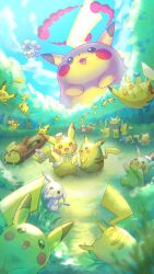  absurdres alternate_color alternate_form berry_(pokemon) blue_hat blue_sky blue_tank_top closed_mouth clothed_pokemon clouds detective_pikachu_(character) detective_pikachu_(series) ditto dj droopy_ears dynamax ears_down falling fat_pikachu floral_print flower flying_pikachu forest gigantamax gigantamax_pikachu hat hat_flower highres holding holding_magnifying_glass holding_surfboard log magnifying_glass mixing_console mr._windychu ms._wavychu murase_(muraselelait) nature no_humans open_mouth oran_berry outdoors peakychu pichu pichu_brothers pikachu pokemon pokemon_(anime) pokemon_(classic_anime) pokemon_(creature) pokemon_day pokemon_focus pokemon_pokopia pokemon_ww red_clouds shirt skirt sky smile solid_oval_eyes sunglasses surfboard surfing_pikachu tail tank_top too_many too_many_pikachu transformed_ditto tree turntable waving white-framed_eyewear 