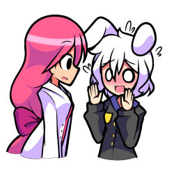  2girls animal_ears anime_coloring black_eyes black_jacket bow breast_pocket buttons collared_jacket commentary cropped_legs english_commentary floppy_ears flustered flying_sweatdrops frown hair_between_eyes hair_bow hands_up highres jacket lab_coat lapels long_hair long_sleeves looking_at_another low-tied_long_hair military_uniform multiple_girls nervous_smile o_o open_mouth original pink_bow pink_hair pink_shirt pocket pointy_nose puffy_long_sleeves puffy_sleeves rabbit_ears rabbit_girl reisen_(touhou_bougetsushou) rhythm_pagi shirt short_hair simple_background smile surprised tan touhou very_long_hair white_background white_hair 