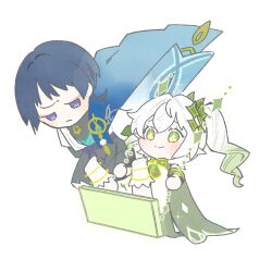  1boy 1girl anklet aqua_gem aqua_kimono asymmetrical_sidelocks black_bodysuit black_bridal_gauntlets black_hair black_shorts blue_cape blunt_ends blush bodysuit bow bridal_gauntlets bright_pupils cape choppy_bangs circle_hands closed_mouth colored_tips commentary_request cross-shaped_pupils detached_sleeves dress eyelashes eyeliner feathers full_body furisode gem genshin_impact gold gold_trim gradient_hair green_cape green_eyes green_hair green_sleeves hair_between_eyes hair_ornament japanese_clothes jewelry jitome juban kimono kkvivi leaf leaf_hair_ornament legs_up long_hair looking_at_another makeup multicolored_hair nahida_(genshin_impact) on_swing open_clothes open_kimono pointy_ears pom_pom_(clothes) purple_bow purple_sash red_eyeliner sash scaramouche_(genshin_impact) short_sleeves shorts side_cape side_ponytail sidelocks sitting smile socks split_mouth stirrup_footwear swing symbol-shaped_pupils tareme violet_eyes vision_(genshin_impact) wanderer_(genshin_impact) white_background white_dress white_kimono white_pupils white_sleeves white_socks white_trim yellow_feathers 