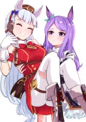  2girls absurdres animal_ears arm_around_shoulder armband black_jacket black_skirt blunt_bangs blush boots bow bowtie breasts brown_hat carrying carrying_person closed_eyes closed_mouth commentary_request dress ear_bow ear_ribbon frills gloves gold_ship_(red_strife)_(umamusume) gold_ship_(umamusume) grey_hair hat highres horse_ears horse_girl horse_tail jacket long_hair long_sleeves medium_breasts mejiro_mcqueen_(frontline_elegance)_(umamusume) mejiro_mcqueen_(umamusume) momami_mo_ma multiple_girls open_mouth pantyhose partial_commentary pillbox_hat princess_carry purple_hair red_bow red_dress simple_background skirt sleeveless sleeveless_dress smile striped_armband striped_clothes tail teeth thigh_strap umamusume violet_eyes white_boots white_gloves white_pantyhose 