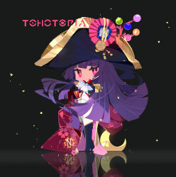  1girl absurdres alternate_costume ascot bicorne black_background black_boots blue_hat blush boots branch closed_mouth copyright_name full_body hat highres houraisan_kaguya jeweled_branch_of_hourai knee_boots long_hair long_sleeves official_art pants petal_print pink_eyes purple_hair shirt smile solo tohotopia touhou very_long_hair wanzilala16 white_ascot white_pants white_shirt 