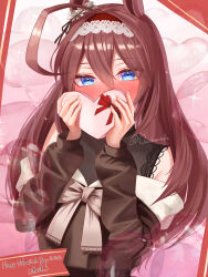  1girl absurdres ahoge alternate_costume animal_ears artist_name bare_shoulders blue_eyes blush box brown_hair brown_shirt clothing_cutout commentary_request ear_ornament hair_between_eyes hairband happy_valentine heart-shaped_box highres holding holding_box horse_ears horse_girl huge_ahoge lace-trimmed_hairband lace_trim long_sleeves looking_at_viewer menchi_rishio mihono_bourbon_(umamusume) nose_blush shirt shoulder_cutout solo twitter_username umamusume upper_body 
