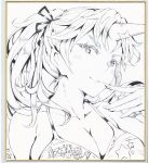  1girl :3 alternate_hairstyle bare_shoulders bra breasts cleavage close-up collarbone face horn hoshiguma_yuugi monochrome nyuu_(manekin-eko) ponytail shikishi sketch solo touhou traditional_media underwear underwear_only 