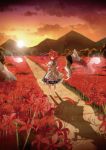  1girl clouds field flower flower_field ghost light_particles looking_at_viewer looking_back mountain onozuka_komachi over_shoulder path petals puffy_sleeves red_eyes redhead road sash scythe shadow shirt short_sleeves skirt sky solo spider_lily sunset touhou toutenkou turning two_side_up 