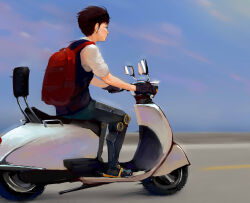  1girl backpack bag black_gloves black_hair cataclysm:_dark_days_ahead clouds commentary_request earphones earphones gloves highres mechanical_legs motor_vehicle riding_scooter scooter solo vehicle_request vest yuanyujia 