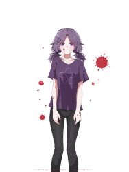  1girl adesyaefull aged_up anime_coloring arms_at_sides artist_name bare_arms black_pants blood blood_on_arm blood_on_face blood_splatter blush breasts clenched_teeth collarbone commentary curtained_hair english_commentary eyes_visible_through_hair feet_out_of_frame fingernails floral_print_shirt hair_over_shoulder hair_tie highres looking_at_viewer low_twintails medium_hair nina_(the_coffin_of_andy_and_leyley) pants parted_bangs purple_shirt raised_inner_eyebrows scared shirt short_sleeves short_twintails simple_background small_breasts solo standing straight-on t-shirt teeth the_coffin_of_andy_and_leyley twintails violet_eyes watermark white_background 