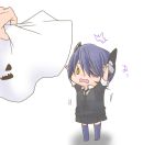  1girl arms_up chibi clumg eyepatch ghost_costume headgear kantai_collection necktie open_mouth personification purple_hair short_hair solo solo_focus tenryuu_(kantai_collection) thighhighs yellow_eyes younger 