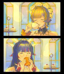  2girls a_(piqlia) bare_shoulders black_collar black_hair black_sleeves blush bonnet brown_hair cake cake_slice closed_eyes closed_mouth collar columbina_(genshin_impact) croissant cup detached_collar detached_sleeves dress drinking eating english_commentary eye_mask food gem genshin_impact hair_ornament hair_ribbon head_wings headdress highres holding holding_cup long_hair long_sidelocks long_sleeves mask multicolored_hair multiple_girls multiple_wings open_mouth red_gem red_hair red_streaks ribbon sandrone_(genshin_impact) see-through_clothes see-through_mask short_hair sidelocks sitting smile streaked_hair tea teacup tiered_tray two-tone_hair very_long_hair white_dress white_headdress white_mask white_wings wing_hair_ornament wings x-shaped_eyewear 