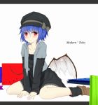  1girl blue_hair blush contemporary hat highres letterboxed ratsuku_kinoko red_eyes remilia_scarlet short_hair simple_background sitting solo touhou wariza white_background wings 
