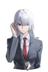  1girl ak-15_(erwin)_(girls'_frontline) ak-15_(girls'_frontline) artist_name black_jacket closed_mouth collared_shirt commentary cropped_torso girls_frontline hair_over_one_eye hand_up highres jacket long_hair looking_at_viewer official_alternate_costume orini red_pupils shirt simple_background solo twitter_username violet_eyes white_background white_hair white_shirt 