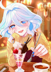  1girl absurdres ahoge ascot biscuit_(bread) blue_ascot blue_eyes blue_gem blue_hair blue_nails blush chandelier chocolate collar cookie cowlick cream cup drinking_straw drop-shaped_pupils eyelash_ornament fingernails food frilled_collar frills fruit furina_(genshin_impact) gem genshin_impact hair_between_eyes hand_on_own_cheek hand_on_own_face hanging_light hat heterochromia highres holding holding_spoon ice_cream indoors jacket jewelry lens_flare long_hair long_sleeves looking_at_viewer mismatched_pupils multicolored_hair necklace open_mouth orange_shirt ouji_fashion parfait pendant plate shirt short_hair sitting skirt solo solo_focus spoon strawberry streaked_hair suspender_skirt suspenders symbol-shaped_pupils table takane_pato tea teacup tomboy top_hat white_hair yellow_shirt 