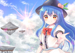  1girl absurdres back_bow black_hat blue_bow blue_hair blue_sky blush bow bowtie center_frills closed_mouth clouds commentary day frills fruit_hat_ornament hat hat_ornament highres hinanawi_tenshi kaname-ishi leaf_hat_ornament lens_flare long_hair looking_at_viewer peach_hat_ornament puffy_short_sleeves puffy_sleeves reaching reaching_towards_viewer red_bow red_bowtie red_eyes shirt short_sleeves sky smile solo touhou very_long_hair white_shirt yukishiro_yayoi 