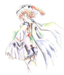  .hack// .hack//roots 1girl backless_shirt bare_shoulders black_shorts breasts cape commentary_request cropped_legs detached_sleeves facial_mark from_behind garter_straps green_eyes grey_cape hakugekka hat hat_tassel long_bangs mark_under_eye medium_breasts painting_(medium) pink_hair profile puffy_shorts shino_(.hack//) shirt short_hair shorts sleeves_past_wrists solo teardrop_facial_mark thigh-highs traditional_media watercolor_(medium) white_background white_hat white_shirt white_sleeves white_thighhighs wing_cape 