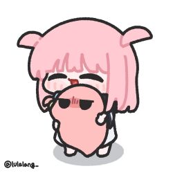  1girl :d bocchi_the_rock! chibi chibi_only closed_eyes creature flying_sweatdrops gotoh_futari gotoh_hitori gotoh_hitori_(tsuchinoko) happy highres holding holding_creature jitome lulalang medium_hair open_mouth pink_hair siblings simple_background sisters smile standing twitter_username two_side_up white_background 