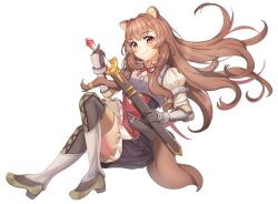  1girl animal_ear_fluff animal_ears armor armored_boots belt black_dress blunt_bangs blush boots breastplate brown_belt brown_boots brown_gloves brown_hair closed_mouth collared_dress commentary_request dress elbow_gloves floating_hair full_body gloves grey_armor grey_boots grey_gloves high_collar highres holding holding_sheath holding_sword holding_weapon kogetsu_azami layered_dress long_hair long_sleeves looking_at_viewer metal_arm_cuffs metal_hair_tubes metal_wrist_cuffs multicolored_boots multicolored_gloves neck_ribbon open_collar pauldrons pink_eyes pinstripe_dress pinstripe_pattern raccoon_ears raccoon_girl raccoon_tail raphtalia red_dress red_ribbon ribbon scabbard sheath sheathed short_dress shoulder_armor simple_background single_pauldron sleeveless sleeveless_dress smile solo sword tail tate_no_yuusha_no_nariagari thigh_boots two-tone_boots two-tone_dress two-tone_gloves weapon white_background white_dress 