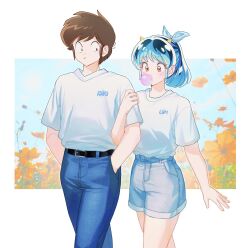  1boy 1girl blowing_bubble_gum blue_hair blue_pants blue_shorts brown_hair chewing_gum commentary cone_horns couple hands_in_pockets hetero highres horns looking_at_another lum moroboshi_ataru orange_eyes pants shirt short_hair shorts untranslatable_commentary urusei_yatsura wara_no_taba white_shirt 