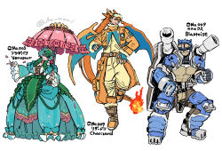  armor blastoise blue_hair boots charizard clenched_hands dress fire flame-tipped_tail frilled_dress frills goggles goggles_on_head green_hair harurie highres holding holding_umbrella jacket orange_hair pants personification pokedex_number pokemon shoulder_cannon tail toned umbrella venusaur white_background wings 