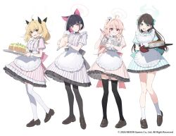  4girls after-school_sweets_club_(blue_archive) airi_(blue_archive) animal_ears apron black_hair black_pantyhose black_thighhighs blue_archive brown_hair cake cat_ears colored_inner_hair commentary_request dress extra_ears food frilled_apron frills full_body halo hayashi_kewi highres holding holding_tray kazusa_(blue_archive) loafers looking_at_viewer mittens multicolored_hair multiple_girls natsu_(blue_archive) official_art pantyhose pink_eyes pink_hair pink_halo puffy_short_sleeves puffy_sleeves red_eyes shoes short_dress short_hair short_sleeves side_ponytail socks striped_clothes striped_dress thigh-highs tray twintails two-tone_hair vertical-striped_clothes vertical-striped_dress whipped_cream whisk white_apron white_background white_socks white_thighhighs yoshimi_(blue_archive) 