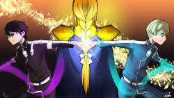  1girl 2boys alice_zuberg armor artist_name belt black_background black_eyes black_hair blonde_hair blue_cape blue_eyes blue_jacket blue_pants braid braided_ponytail brown_background cape collared_jacket commentary cuirass eugeo fist_bump from_behind from_side gold_armor gradient_background highres jacket jun_(12107973) kirito long_hair long_sleeves looking_at_another multicolored_jacket multiple_boys orange_background pants pauldrons school_uniform shoulder_armor smile sword_art_online sword_art_online:_alicization sword_mastery_academy_school_uniform two-tone_jacket upper_body watermark white_belt white_jacket wing_collar 
