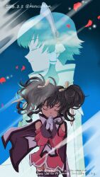  1boy 1girl anise_tatlin bare_shoulders black_hair cape closed_eyes commentary_request cowboy_shot dated dress falling_petals from_side gloves green_hair hair_ribbon hairband highres ion_(tales) kurusu4ma own_hands_together petals pink_dress praying profile red_petals ribbon short_hair_with_long_locks sidelocks straight-on tabard tales_of_(series) tales_of_the_abyss tears twintails twitter_username upper_body white_gloves white_tabard yellow_ribbon 