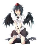  1girl backlighting belt bird_wings black_hair black_legwear black_wings blush covering covering_crotch gorilla_(bun0615) hat hat_ribbon highres kneeling looking_at_viewer no_shoes open_mouth puffy_sleeves red_eyes ribbon shadow shameimaru_aya shirt short_sleeves skirt socks solo tears tokin_hat touhou v_arms wavy_mouth wings 