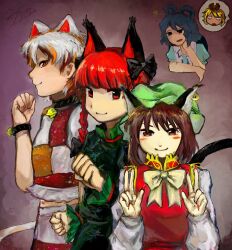  5girls animal_ears bell black_bow blue_hair blue_shirt blunt_bangs blush_stickers bow bowtie braid brown_eyes brown_hair brown_streaks cat_ears cat_girl cat_tail chen closed_mouth cowboy_shot crop_top double_v dress earrings fingernails goutokuji_mike green_dress green_hat hair_bow hair_ornament hair_rings hair_stick hand_on_own_cheek hand_on_own_face hat height_difference highres jewelry kaenbyou_rin kaku_seiga long_hair long_sleeves looking_at_another looking_at_viewer midriff mmttbbii multicolored_hair multiple_girls neck_bell nyan_clan_of_gensokyo_(touhou) open_mouth orange_eyes orange_streaks patchwork_clothes paw_pose red_eyes red_hair red_nails red_vest sharp_fingernails shirt short_hair short_sleeves sideways_glance single_earring single_paw_pose skirt smile spoken_character spoken_expression straight-on streaked_hair tail through_wall toramaru_shou touhou twin_braids v v-shaped_eyebrows vest white_hair white_shirt yellow_bow yellow_bowtie 