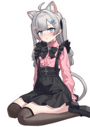  1girl ahoge animal_ear_fluff animal_ears aningay black_shoes black_skirt blue_eyes brown_thighhighs cat_ears cat_girl cat_tail center_frills collared_shirt commentary_request copyright_request dress_shirt fish_skeleton_hair_ornament frills grey_hair hair_intakes highres korean_commentary long_hair long_sleeves looking_at_viewer parted_lips pink_shirt puffy_long_sleeves puffy_sleeves shirt shoe_soles shoes simple_background sitting skirt solo suspender_skirt suspenders tail thigh-highs two_side_up virtual_youtuber wariza white_background 