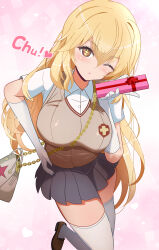  1girl absurdres bag blonde_hair blowing_kiss box box_of_chocolates breasts brown_eyes brown_shoes brown_sweater_vest building cardigan_vest collared_shirt commentary_request elbow_gloves emblem gift gift_box gloves gratin_(kumaisao) grey_skirt hair_between_eyes handbag heart highres holding large_breasts loafers long_hair looking_at_viewer miniskirt one_eye_closed pleated_skirt school_emblem school_uniform shirt shoes shokuhou_misaki short_sleeves skirt solo sparkling_eyes star_(symbol) star_print summer_uniform sweater_vest thigh-highs toaru_kagaku_no_mental_out toaru_kagaku_no_railgun toaru_majutsu_no_index tokiwadai_school_uniform v-neck valentine very_long_hair white_gloves white_shirt zettai_ryouiki 