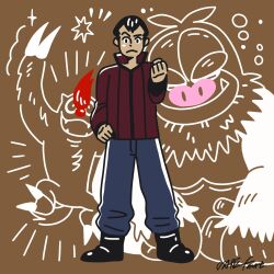  1boy arm_up black_boots black_hair blue_pants blush_stickers boots brown_background claws clenched_hand closed_mouth commentary english_commentary fangs full_body hand_on_own_hip highres male_focus norman_(pokemon) nostrils official_artist_extra open_mouth osare_graffiti pants pokemon pokemon_(creature) pokemon_rse red_shirt shirt short_hair signature single_blush_sticker slaking smile standing very_short_hair vigoroth 