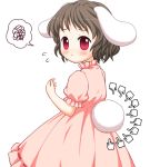  1girl :&lt; animal_ears bebelona black_hair blush bunny_tail cookie_clicker cursor dress flying_sweatdrops inaba_tewi looking_at_viewer looking_over_shoulder pink_dress puffy_short_sleeves puffy_sleeves rabbit_ears red_eyes short_hair short_sleeves simple_background solo speech_bubble squiggle tail touhou white_background 