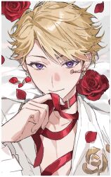  1boy blonde_hair border commentary_request curtained_hair earrings ensemble_stars! floral_print flower hand_up highres jewelry looking_at_viewer male_focus narukami_arashi niu_(xxx_usg_oxo) official_alternate_costume petals red_flower red_ribbon red_rose ribbon rose rose_petals rose_print shirt short_hair solo violet_eyes white_background white_border white_shirt 