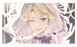  1boy adjusting_clothes adjusting_headwear alternate_costume beads blonde_hair border bow close-up commentary curtained_hair earrings ensemble_stars! fine_ens frilled_shirt_collar frills gloves hands_up hat heart heart_earrings highres jewelry looking_at_viewer male_focus narukami_arashi neck_ribbon one_eye_closed portrait purple_bow purple_ribbon ribbon shirt short_hair smile solo untranslatable_commentary violet_eyes white_border white_gloves white_hat white_shirt 