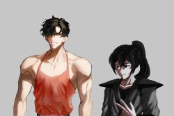  2boys absurdres adventoftwilight black_eyes black_hair black_robe character_request check_character curtained_hair double-parted_bangs hair_between_eyes hair_over_one_eye height_difference highres male_focus mordret_(shadow_slave) multiple_boys muscular muscular_male notepic red_tank_top robe scene_reference shadow_slave shoulder_pads sunny_(shadow_slave) tank_top upper_body 