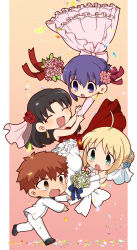  1boy 3girls :o ^_^ absurdres ahoge artoria_pendragon_(fate) back_bow black_hair black_shoes blonde_hair blush bouquet bow brown_hair catching closed_eyes commentary_request confetti dress earrings elbow_gloves emiya_shirou falling fate/stay_night fate_(series) flower gloves gold_earrings gradient_background green_eyes hair_between_eyes hair_flower hair_ornament hair_ribbon highres holding holding_bouquet jewelry long_dress long_hair long_sleeves matou_sakura multiple_girls open_mouth pants pink_dress pink_flower pink_gloves purple_hair red_dress red_flower ribbon saber_(fate) shoes short_hair smile strapless strapless_dress suit sweatdrop tohsaka_rin tsubuta_hiro violet_eyes wedding_dress white_bow white_pants white_suit 