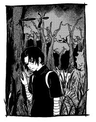 1boy aged_down backpack bag bandaged_arm bandages commentary_request facial_mark forest frown greyscale gyogyo_hjj highres korean_commentary kunai looking_down low_ponytail male_focus monochrome naruto_(classic) naruto_(series) nature ponytail solo tree uchiha_itachi upper_body weapon 