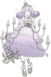  1girl black_bow black_corset black_crown blush bow chandelure commentary_request corset creature_and_personification crown dress earrings fire full_body gradient_clothes gradient_dress grey_shoes highres jewelry juliet_sleeves long_sleeves looking_at_viewer mega_chandelure natsun_(4869ntmmmmm) personification pokemon puffy_sleeves purple_dress purple_fire purple_hair shoes short_twintails simple_background solo standing twintails white_background white_hair yellow_eyes 